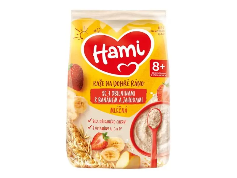 Hami mliečna kaša so 7 obilninami na dobré ráno s banánom a jahodami (od ukonč. 8. mesiaca) 1x210 g