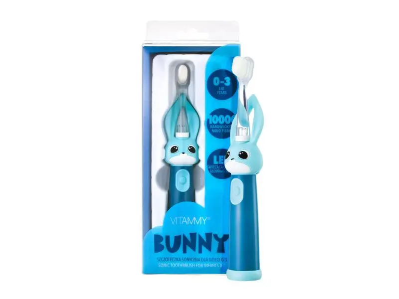 VITAMMY Bunny Sonická zubná kefka pre deti s LED svetlom a nanovláknami, 0-3 roky, modrá